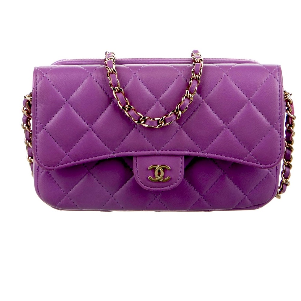 CHANEL Purple Quilted Mini Flap Bag with Gold Chain